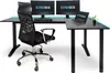 A black L-shaped gaming desk with two monitors, a laptop, and a chair. Náhled obrázku produktu