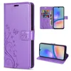 Collage of a purple flip phone case with a floral design, showing the case closed, open with cards inserted, and the phone inside. Produktbild-Vorschau