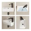 A collage of four images showing a modern white ceramic wall-mounted sink from different angles, with a black faucet. Anteprima dell’immagine prodotto