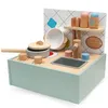 A wooden toy kitchen with accessories, including pots, pans, and salt and pepper shakers. Anteprima dell’immagine prodotto