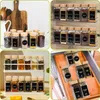 A collage of four images showcasing spice jars in different arrangements and settings, including on shelves, in a drawer, and on a countertop. Náhled obrázku produktu