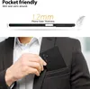 A person is putting a black phone case into their jacket pocket, with a graphic showing the thickness of the case above. Produktbild-Vorschau