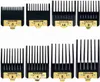 A set of eight black clipper guards with gold accents, arranged in two rows on a white background. Voir les images du produit