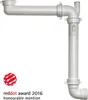 A white plumbing siphon for a sink, shown against a white background, with a Red Dot award logo and text. Produktbild-Vorschau