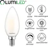 A product image of a white LED candle bulb with various feature icons and text. Náhled obrázku produktu