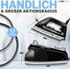 A marketing image showcasing a steam iron and its base, with dimensions and features highlighted. Produktbild-Vorschau
