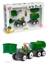 A toy tractor set with various attachments displayed in its packaging, and a separate image of the assembled toy. Náhled obrázku produktu