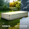 A raised garden bed is shown in a collage of different weather conditions: rain, sunshine, and snow. The text indicates it is weather-resistant. Produktbild-Vorschau
