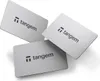 Three silver-colored cards with the Tangem logo and text are arranged in a scattered formation on a white background. Produktbild-Vorschau