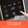 Close-up of an air fryer control panel with a finger pressing a button, and marketing text overlay. Produktbild-Vorschau