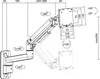A technical diagram showing a monitor arm mounted on a wall, with dimensions and rotation angles indicated. Podgląd zdjęcia produktu