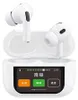 A pair of white wireless earbuds in an open charging case with a digital display. Voir les images du produit