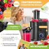 A woman is smiling and holding a juicer, with various fruits and the juicer prominently displayed. The image highlights the product's features and benefits. Produktbild-Vorschau
