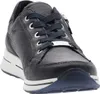 A close-up, front-facing view of a dark blue leather sneaker with white accents on the sole. Náhľad obrázku produktu