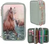 A collage of a pencil case with a horse design, showing the exterior and interior with art supplies. Anteprima dell’immagine prodotto