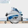 A circular saw is shown on a wooden surface, with a guide rail. The image highlights the cutting depth. Produktbild-Vorschau