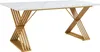 A rectangular dining table with a white marble-look top and a gold geometric base, shown against a white background. Produktbild-Vorschau