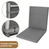 A gray garden chair cushion is shown on a white background, with close-up insets showing how it attaches to a chair frame. Produktbild-Vorschau