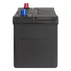 A black car battery with blue and red terminals, shown from the front. Produktbild-Vorschau