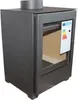 A dark gray wood-burning stove is shown against a white background. An energy efficiency label is affixed to the glass door of the stove. Náhled obrázku produktu