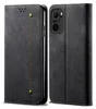 A black flip-style phone case for a Xiaomi Poco F3 is shown from two angles, with the front cover open on the left and closed on the right. Produktbild-Vorschau