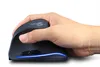 A hand holding a black vertical computer mouse with a blue light strip. Produktbild-Vorschau