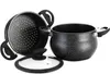 A black speckled pot with a steamer insert and a glass lid are arranged on a white background. Produktbild-Vorschau