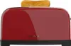 A red toaster with a piece of toast in it, on a white background. Voir les images du produit
