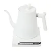 A white electric kettle with a gooseneck spout sits on a white digital scale with temperature controls. Náhled obrázku produktu