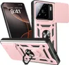 A pink and black phone case with a ring holder and camera cover is displayed with a phone screen showing the time. Produktbild-Vorschau