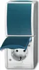 A close-up, studio shot of a white and teal electrical outlet with its protective covers open. Produktbild-Vorschau