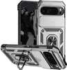 Three views of a silver smartphone case with a sliding camera cover and a ring stand. Produktbild-Vorschau