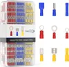A clear, well-lit studio shot of a set of electrical wire connectors in a clear plastic case, with individual examples of the connectors displayed to the right of the case. Produktbild-Vorschau