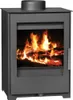 A front view of a black wood-burning stove with a fire burning inside. Náhled obrázku produktu