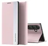 A pink flip phone case with a silver accent strip and the text "NEW DESIGN" is shown next to a pink smartphone with its camera array visible. Produktbild-Vorschau