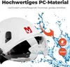 A white safety helmet with a clear visor and a red logo, surrounded by water splashes and marketing icons. Produktbild-Vorschau