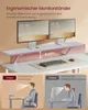 A desk setup with a monitor stand, two monitors, a keyboard, and a mouse, along with illustrative diagrams comparing good and bad posture. Produktbild-Vorschau