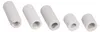 Five white, cylindrical knobs with ribbed texture and different shaped openings for attachment. Produktbild-Vorschau