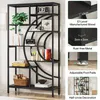 A black geometric bookshelf with various decorative items and books on its shelves, presented with feature callouts on the right side. Voir les images du produit