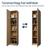 Two identical tall, narrow cabinets are shown side-by-side, with arrows indicating the door can be mounted on either the left or right side. Produktbild-Vorschau