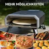 A collage showing a gas pizza oven and various food items that can be cooked in it, such as steak, chicken, pizza, kebabs, and bread rolls. Produktbild-Vorschau