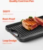 A close-up of a cast iron grill pan with two steaks on it, with text highlighting features. Náhľad obrázku produktu