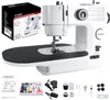 A white multifunctional electric sewing machine is displayed with its accessories and packaging. Produktbild-Vorschau