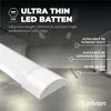 A close-up of an ultra-thin LED batten with marketing text and specifications overlaid. Produktbild-Vorschau