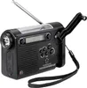 A black emergency radio with a solar panel, hand crank, flashlight, and digital display. Produktbild-Vorschau