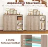 Two identical shoe cabinets are shown side-by-side, with one cabinet open to display its interior shelves and shoes. A close-up of adjustable shelves is shown at the bottom right. Produktbild-Vorschau