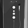 A modern shower system with multiple shower heads and controls mounted on a dark gray panel. Produktbild-Vorschau