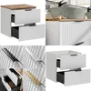 A collage of images showing a white bathroom vanity with ribbed doors, different handle options, and a close-up of a sink area. Produktbild-Vorschau