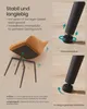 Close-up views of a chair's base and legs, with text highlighting stability and adjustability features. Produktbild-Vorschau