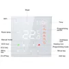 A digital thermostat with a white face and a digital display showing the time and temperature, surrounded by icons and labels indicating its functions. Produktbild-Vorschau